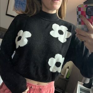 SHEIN Black and White Floral Turtleneck Sweater
